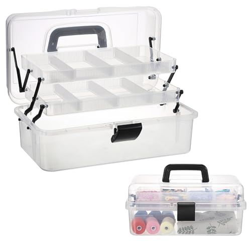 BTSKY 3-Layer Clear Plastic Dividing Storage Box Craft Organizer and Storage with Adjustable Spacers Portable Handled Art Supply Organizer Multipurpose Home Utility Box Sewing Organizers(Clear+Black) - color: Clear+Black