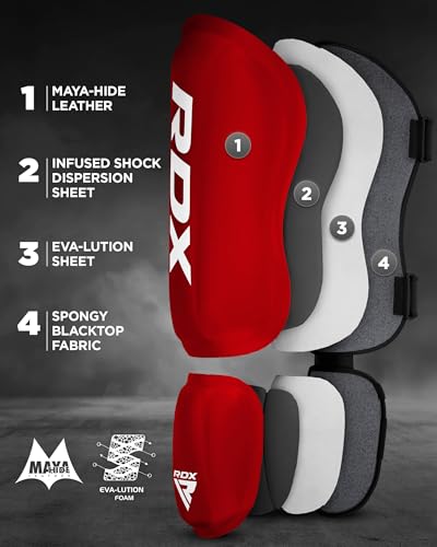 RDX Shin Guards Kickboxing Muay Thai, SATRA SMMAF Approved, Premium Maya Hide Leather, Leg Instep Protection Pads, MMA Martial Arts Kicking Sparring Training Gear, BJJ Karate Boxing Taekwondo, Black - color: Red, size: X-Large