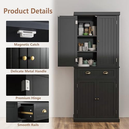 72" Kitchen Pantry,Tall Storage Cabinets with Doors and Shelves,Freestanding Pantry Cabinet for Bathroom,Dining Room and Living Room (Black) - color: Black