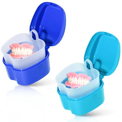 KISEER 2 Pack Colors Denture Bath Case Cup Box Holder Storage Soak Container with Strainer Basket for Travel Cleaning (Light Blue and Blue) - color: Light Blue and Blue