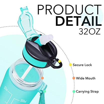 Hyeta Water Bottle with Straw & Time Marker, Plastic 32oz Leakproof - color: Green-Purple