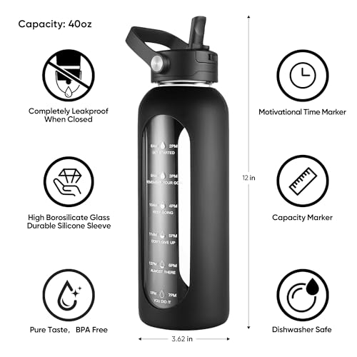 CIVAGO 40 oz Glass Water Bottle with Detachable Straw and Time Maker - color: Black, size: 40 Ounces