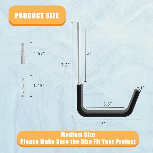 Heavy Duty Utility Hooks for Wall Mount, Garage Wall Hooks, Multi-Use Hose, Bike, Ladder, Chainsaw & Leaf Blower Hanger - 2 Medium (2 M) | Bike Hanger and Hose Holder in Zinc-Coated Steel; 50 lb Capacity, Black PVC Grip, for Shed, Attic or Outdoor Storage