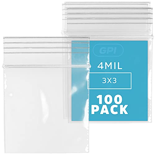 3" x 3" Small Reclosable Zip Bag - Heavy-duty 4 Mil, Bulk Case of 100 - Clear, Resealable Zip Top Lock for Storage & Packaging Food, Nuts, Bolts & Screws. - size: 3" x 3"