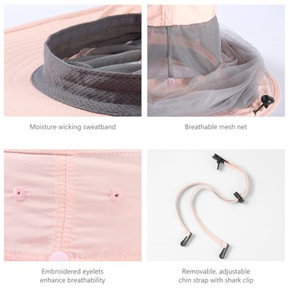 BASSDASH UPF 50+ Mosquito Sun Hat with Hidden Head Net and Neck Flap for Men Women Outdoor Fishing Hiking Camping - color: Pink