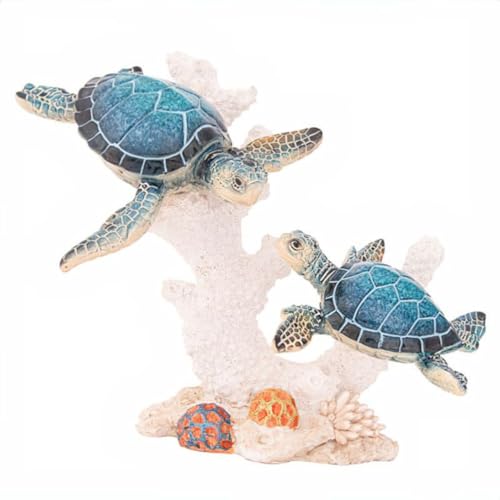 Sea Turtle Decor Figurine Blue Turtle Swimming on Coral Reef Base Coastal Bathroom Beach House Decor (Blue Sea Turtles) - color: Turquoise Blue