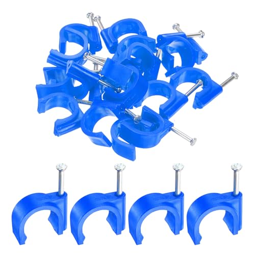 HARFINGTON 50pcs Cable Clips with Nail 20mm Thicken Circular Single Half Clamp J-Hook with Nail Cord Clips for Wires on Wall for Ethernet Tacks Coax Pex Tubing Pipe Support, Blue - color: Blue, size: 20mm