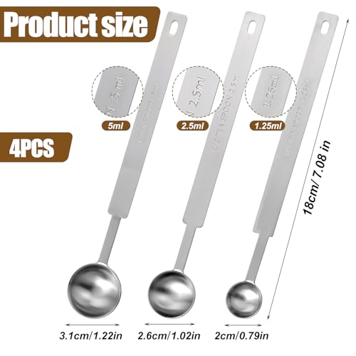 4pcs Teaspoons Measuring Spoon,7In Long Handle Measuring Spoons, Stainless Steel Long Measuring Spoons Includes 1/4 tsp, 1/2 tsp, 1 tsp for Accurate Measure Liquid Dry Ingredients Ground Coffee