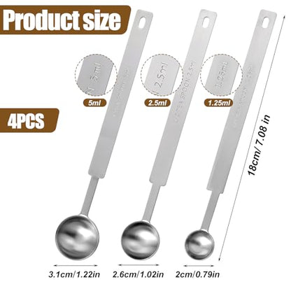 4pcs Teaspoons Measuring Spoon,7In Long Handle Measuring Spoons, Stainless Steel Long Measuring Spoons Includes 1/4 tsp, 1/2 tsp, 1 tsp for Accurate Measure Liquid Dry Ingredients Ground Coffee