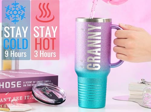 Onebttl Christian Grandma Gifts for Mother's Day & Christmas, 40oz Purple & Blue Glitter Handle Stainless Steel Tumbler, Straw & Lid Included, Blessed Granny Gifts