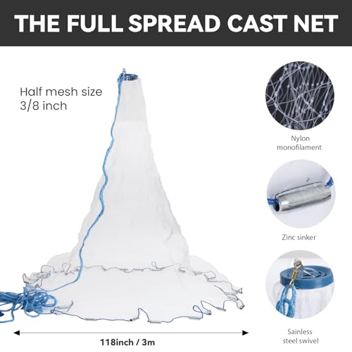 3 Pcs Foldable Fishing Net Accessories :Fishing Cast Net with Heavy Duty Real Zinc Sinker Weights丨 Fishing Landing Net with Telescoping Pole Handle 丨Crab Crayfish Shrimp Crab Trap