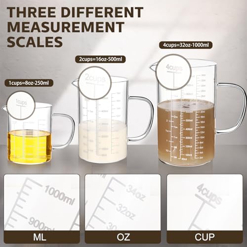 3 Pack High Borosilicate Glass Measuring Cups Set with Handle V Shaped Spout, 4, 2, 1 Cup 3 Scales (Oz, Cup, Ml) for Kitchen Restaurant Baking Cooking, Easy to Read, Clear(White Scale)