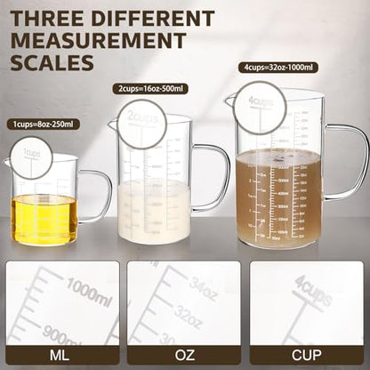 3 Pack High Borosilicate Glass Measuring Cups Set with Handle V Shaped Spout, 4, 2, 1 Cup 3 Scales (Oz, Cup, Ml) for Kitchen Restaurant Baking Cooking, Easy to Read, Clear(White Scale)