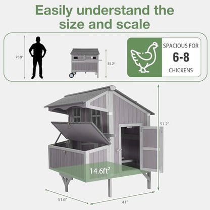 Large Chicken Coop with Wheels for 4-6 Chickens, Mobile Outdoor Chicken House with 3 Nesting Boxes & Roosts, Heavy Duty Reinforced Frame, Waterproof Roof, Pull-Out Tray, Wooden Poultry Cage