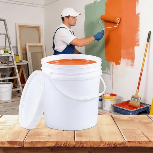 7 Gallon Bucket, Heavy Duty Plastic Bucket with Comfortable Handle, White Bucket & Lid, Pack of 4
