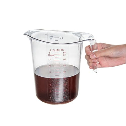 Restaurantware RW Base 2 Quart Measuring Jar 1 Durable Measuring Beaker - Metric And Imperial Units V-Shaped Spout Clear Plastic Measuring Cup Handle With Thumb-Grip Tolerates Up To 248F - color: Clear, size: 7.75" × 6.00" × 7.50"