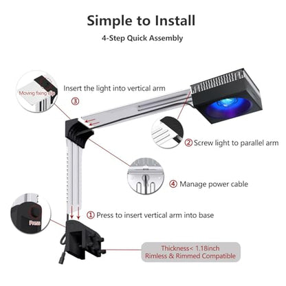 RL90 Aquarium LED Reef Light 100W, Smart-APP Control Full Spectrum Marine LED for Saltwater Coral Fish Tanks (Black, V3 Arm Kit)