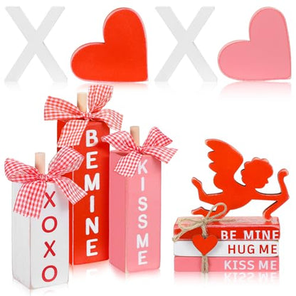 11 Pcs Valentine's Day Table Decorations XOXO Tiered Tray Decor Love Centerpiece Pink Wooden Books Home Table Top Decor for Wedding Party Supplies - style: Xoxo