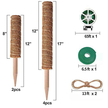 6 Pcs Moss Pole Extending to 68 Inches for Plants Monstera, Plant Support Stakes for Indoor Climbing Plants Grow Upwards, with 65ft Twist Ties, 13ft Jute Rope, 6.5ft Hook-and-Loop Strip - size: 6 Packs
