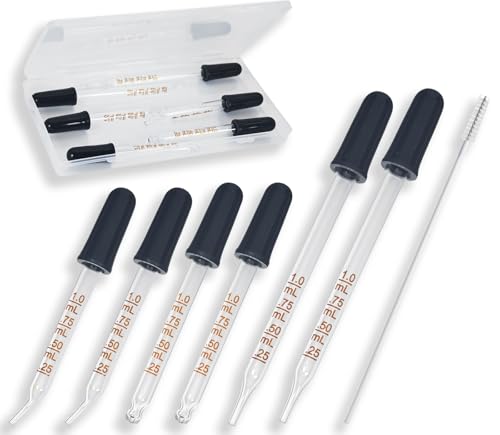 6 Pack Glass Pipette Dropper with Brush - Bent & Straight Tips, 1 ml Eye Droppers for Essential Oils, Lab, Crafts, Measuring and Transferring Liquids