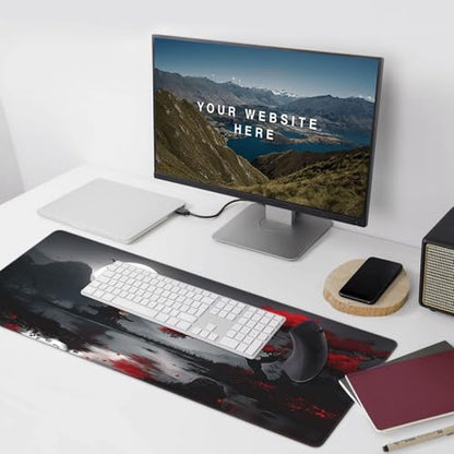 Gaming Mouse Pad 35.4 x 15.7 Inch, Large Extended Desk Mousepad with Oriental Landscape Moon Design, Water-Resistant Surface, Stitched Edges, Non-Slip Rubber Base Desk Mat for Gaming & Office - color: Oriental Landscape Moon