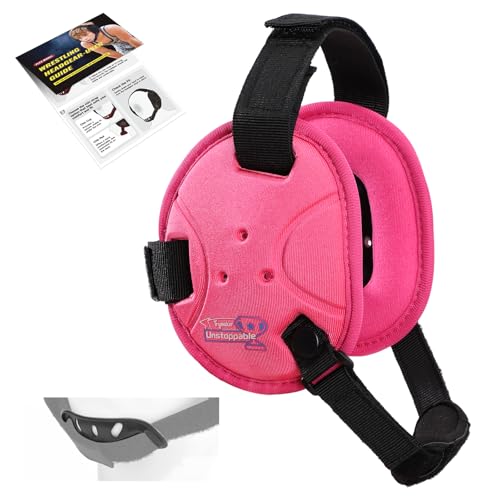 Trymaker Wrestling Headgear, Head Gear for Youth with Chin Cup & Pad - color: Pink Headgear & Black Strap