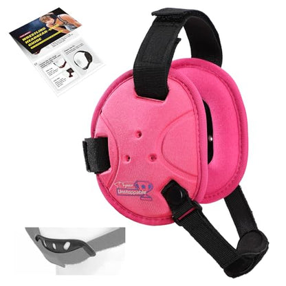 Trymaker Wrestling Headgear, Head Gear for Youth with Chin Cup & Pad - color: Pink Headgear & Black Strap