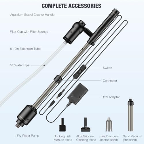 AKKEE Aquarium Vacuum Gravel Cleaner, 18W Electric Fish Tank Cleaner Vacuum, 6 in 1 Multifunctional Aquarium Cleaner for Automatic Water Change, Wash Sand, Water Circulation and Timed Off