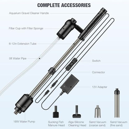 AKKEE Aquarium Vacuum Gravel Cleaner, 18W Electric Fish Tank Cleaner Vacuum, 6 in 1 Multifunctional Aquarium Cleaner for Automatic Water Change, Wash Sand, Water Circulation and Timed Off