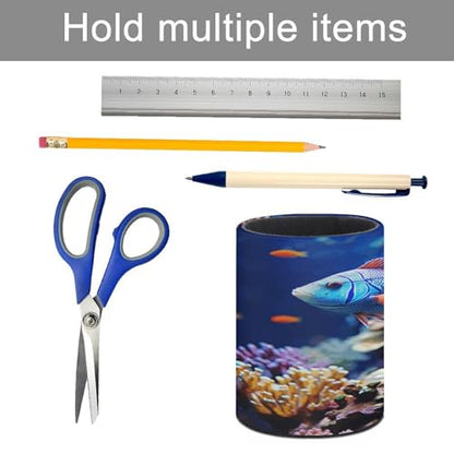 Coral Reef Fish Aquarium Pen Holder PU Leather Pencil Holder Round Makeup Brushes Cup Holder for Desk Office Pen Organizer Large Capacity Pencil Holder for Home Study Room
