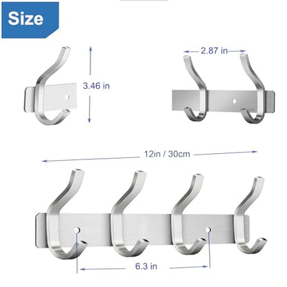 12 Inch Coat Rack Wall Mount with 4 Hooks, Silver Coat Hooks - color: Silver, size: 4 Hooks