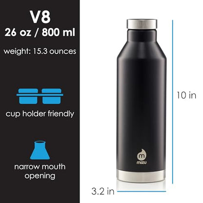 MIZU - V8 Water Bottle | 26 oz. Double Wall Stainless Steel Vacuum Insulated | Narrow Mouth with Leak Proof Cap | Multiple Colors | BPA Free - color: Black