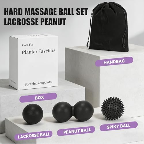 3-in-1 Massage Ball Set, Peanut Ball, Spiky, Lacrosse for Plantar Fasciitis | Includes peanut, spiky & lacrosse balls. For yoga, myofascial release, deep tissue massage, back neck shoulder pain relief.