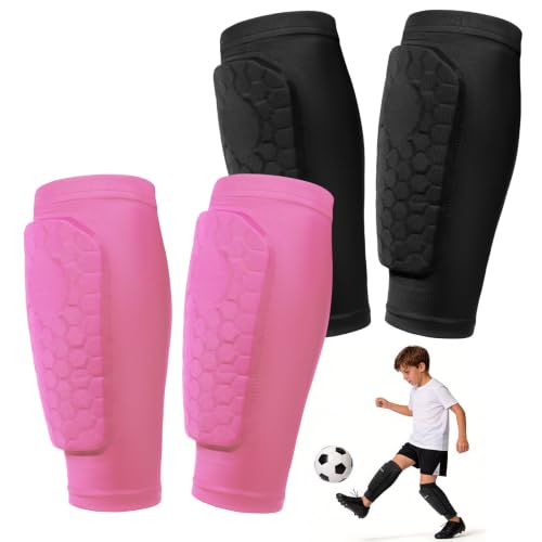 2 Pairs Soccer Shin Guards Shin Pads for Kids Youth Adult | Protective Calf Compression Sleeve with Honeycomb Pads, for Boys Girls, for Football, Ski, Baseball - color: Black+Pink, size: 3X-Small
