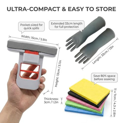 Mini Mop Self Squeeze Small Sponge Mop | 15cm Sponge Portable Mini Mop for Kitchen Counter and Car Interior with Extended 33cm Gloves 3 Sponges 5 Compressed Cloths