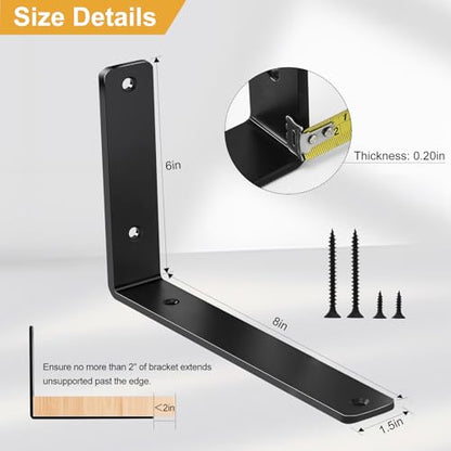 6 Pack - L 8" x H 6" x W1.5, 5mm Thick Black L Shelf Bracket, Iron Shelf Brackets, Metal Shelf Brackets, Floating Shelf, Shelf Supports with Screws - size: 8''x6'', style: Black 6 Pack