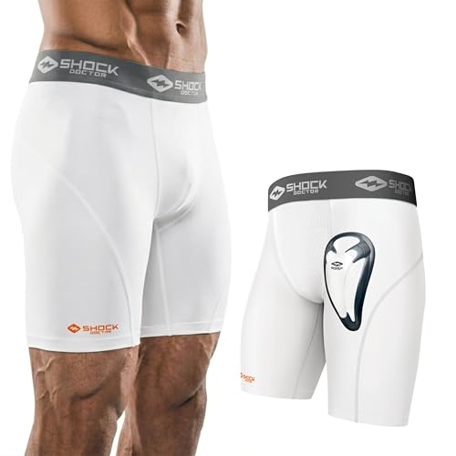 Shock Doctor Compression Shorts with Protective Bio-Flex Cup, Moisture Wicking Vented Protection - Adult - color: White, size: Small