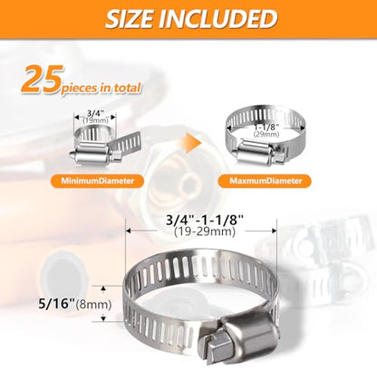 25 Pack Worm Gear Hose Clamp, Adjustable from 3/4 Inch to 1-1/8 Inch (19-29mm) Stainless Steel Fuel Line Hose Clamps, Metal Fuel Line Hose Clamps for Automotive Plumbing And Mechanical Application - size: 3/4"-1-1/8"(19-29mm)