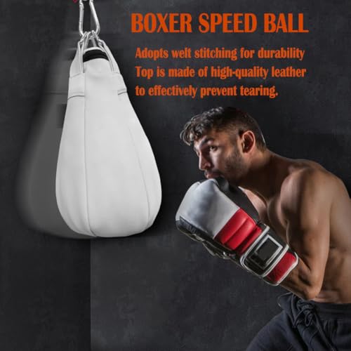Speed Ball Punching Bag Leather, Folding Heavy Duty Boxing Punching Bag with Hanging Rope, Muay Thai Training Punch Dodge for Home Gym, Adult Boxing Training Equipment - color: White