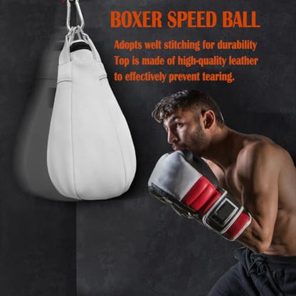 Speed Ball Punching Bag Leather, Folding Heavy Duty Boxing Punching Bag with Hanging Rope, Muay Thai Training Punch Dodge for Home Gym, Adult Boxing Training Equipment - color: White