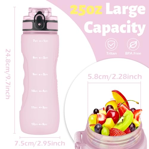 OLDLEY 25 oz Water Bottle, Motivational Water Bottle with Time Marker, Sports Water Bottle With Strap, Leakproof & BPA Free Large Water Bottles for School, Gym, Travel, Outdoor, Tritan,Pink