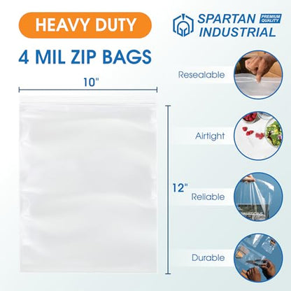 Spartan Industrial - 10” X 12” (100 Count) 4 Mil Thick Clear Reclosable Zip Plastic Poly Bags with Resealable Lock Seal Zipper - Heavy Duty and Durable - size: 10" X 12"