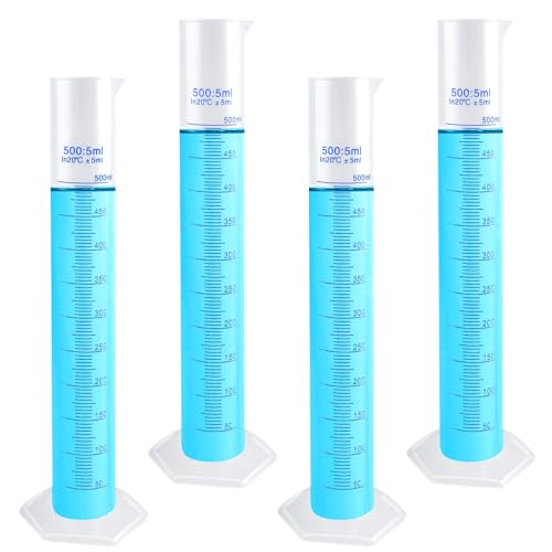 4 Packs 500ml Plastic Graduated Cylinder,Transparent Measuring Cylinder Set with Pour Spout, 2-Sided Making Plastic Lab Test Tube for Science Projects, Laboratory Supplies