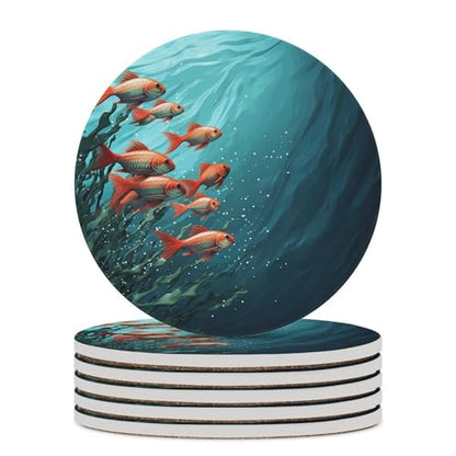 Drink Coasters Set of 6 Absorbent Round Ceramic Coasters for Coffee Fish Aquarium Table Coasters with Cork Base Tabletop Protection Mat for Home Office Kitchen