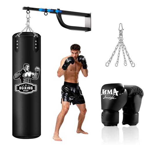 Hanging Punching Bag for Adults with Adjustable Wall Mount | Wall Punching Bag, Adjustable Length, 16OZ Boxing Gloves, Boxing Set for Home Gym Training Muay Thai MMA