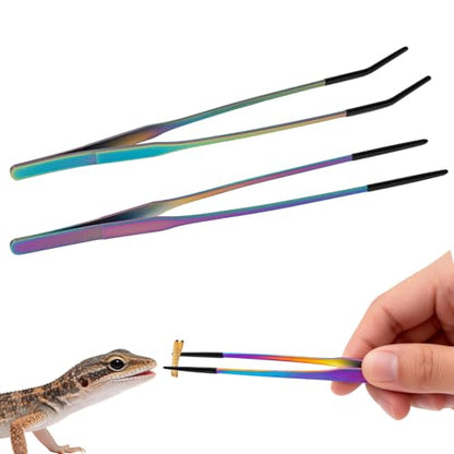 2PCS Reptile Feeding Tongs,10.6" Extra Long Stainless Steel Tweezers with Rubber Tips, Bearded Dragon Lizards Aquarium Straight and Curved Tweezers for Snake Feeding, Terrarium, Aquarium(Colorful)