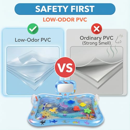 Inflatable Tummy Time Water Mat with Mirror – Portable Baby Play Mat for 0–12 Month Infants, Strengthen Muscles & Promote Sensory Development, Gift for Boys & Girls