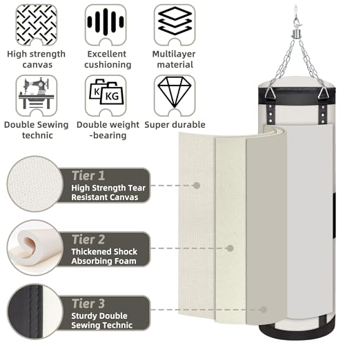 4FT Canvas Punching Bags for Adults, Hanging Heavy Boxing Bag for Kickboxing Karate Taekwondo Muay Thai Training, Max Load-Bearing 180 Lbs (Unfilled) - color: 4FT White