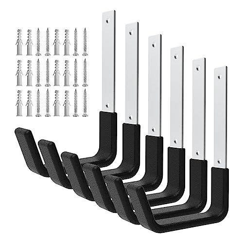 Heavy Duty Wall Mount Hooks, Ladder Hangers for Garage Storage, 6 M | Bike Hanger and Hose Holder in Zinc-Coated Steel; 50 lb Capacity, Black PVC Grip, for Shed, Attic or Outdoor Storage - size: 6 Medium