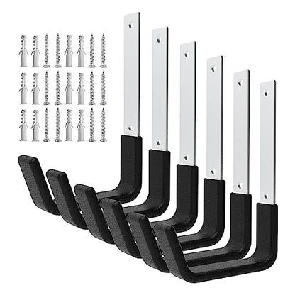 Heavy Duty Wall Mount Hooks, Ladder Hangers for Garage Storage, 6 M | Bike Hanger and Hose Holder in Zinc-Coated Steel; 50 lb Capacity, Black PVC Grip, for Shed, Attic or Outdoor Storage - size: 6 Medium